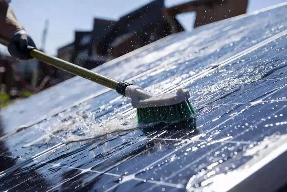 Équipe UpSolaire nettoyant des panneaux solaires avec brosse et eau claire