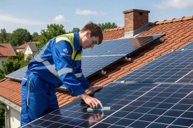 employer qui nettoie des panneaux solaires